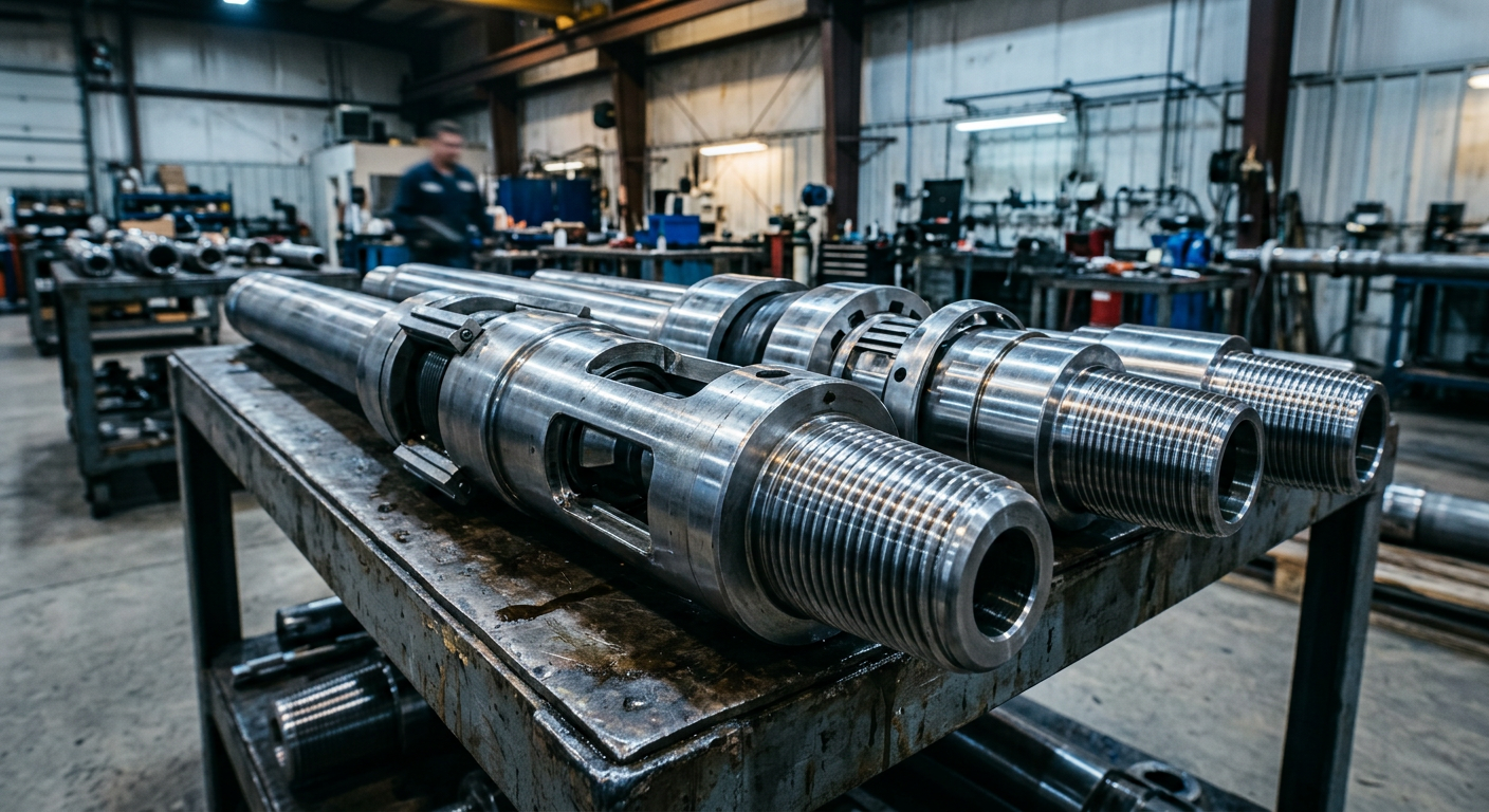 Machined steel completion tools on a workshop rack