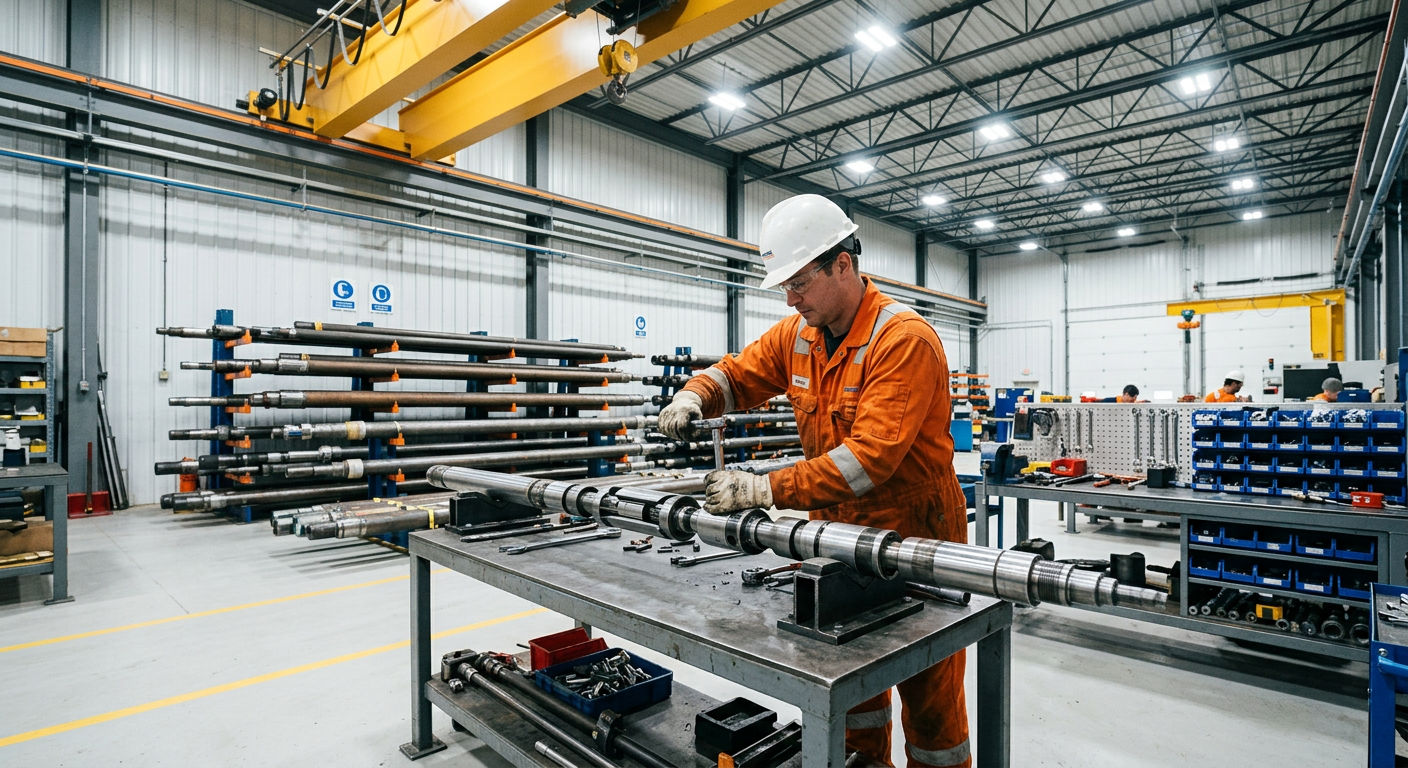 Technician assembling a downhole tool in a workshop